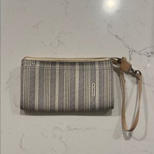 Coach Gray and Cream Striped Wristlet